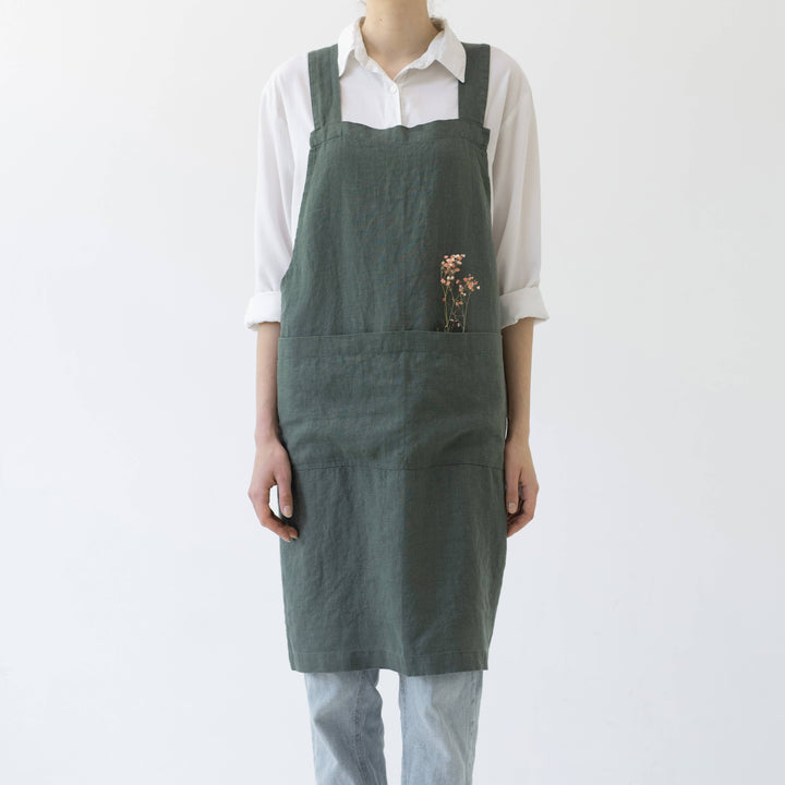 Forest Green Linen Crossback Apron