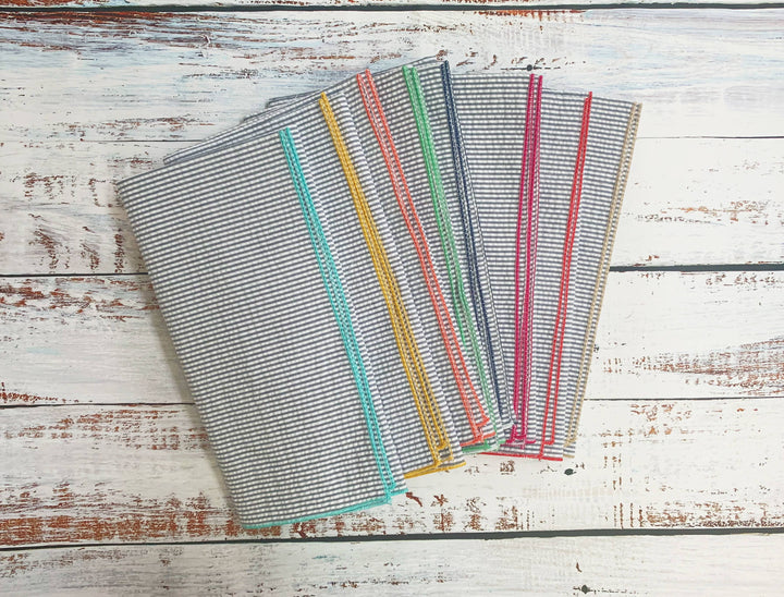 Dot and Army - Grey Seersucker Cloth Napkins with Colorful Edges, set of 8