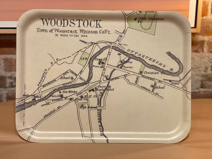 Large Matte Town of Woodstock Vintage Map Tray