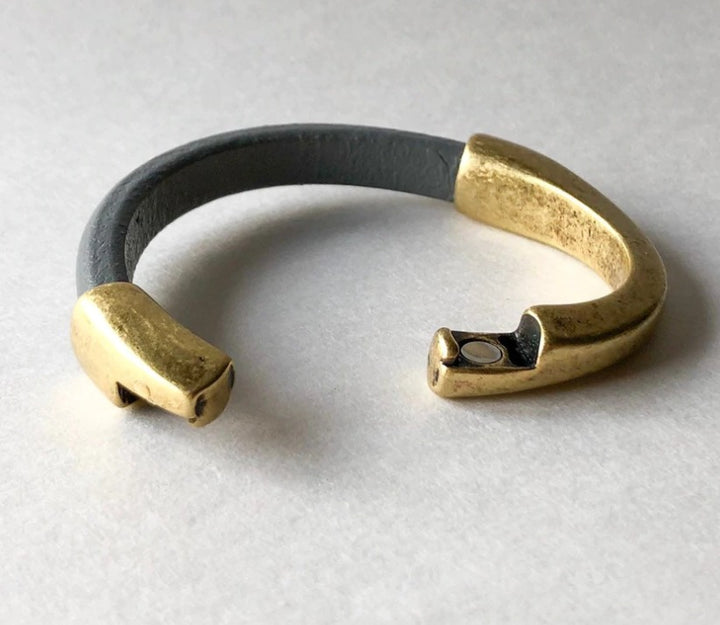 Gray Leather & Antique Brass Half Cuff, 6-1/2