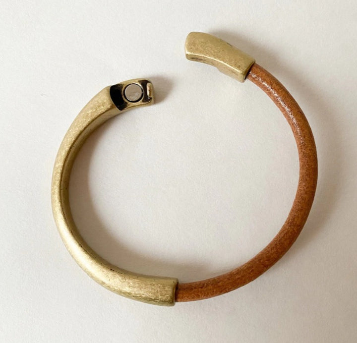 Camel Leather & Antique Brass Half Cuff, 6-1/2