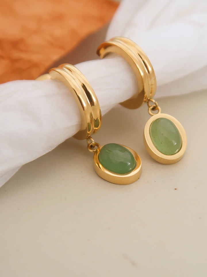 18k gold green oval Aventurine Hoop Earring