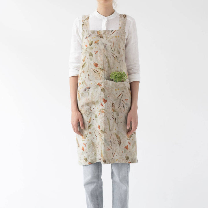 Linen Tales, Leaves on Natural Crossback Apron