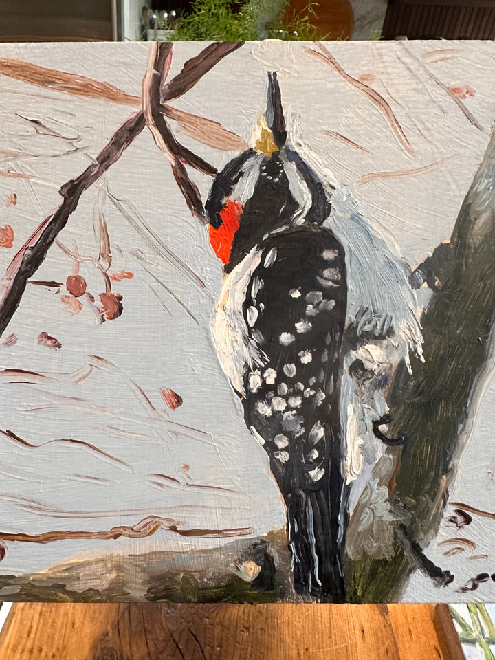 Derek Bell Painting Harry, woodpecker on branches, light blue background