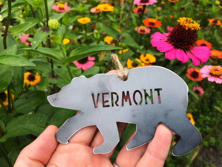 Bear Vermont Ornament made from Recycled Raw Steel
