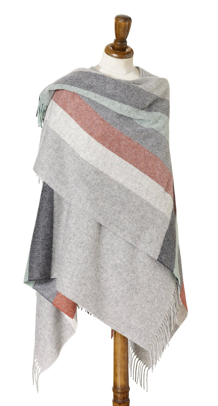Bronte Moon - Merino Lambswool Mini Ruana - Stripe, Coral/Mint