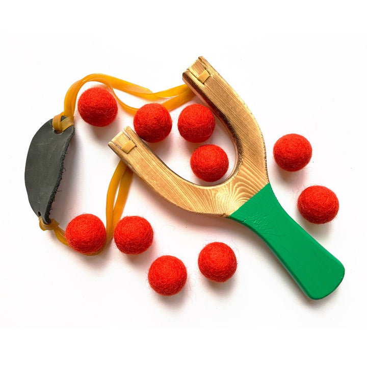 Christmas Toy Wooden Slingshot, red with kelly green balls
