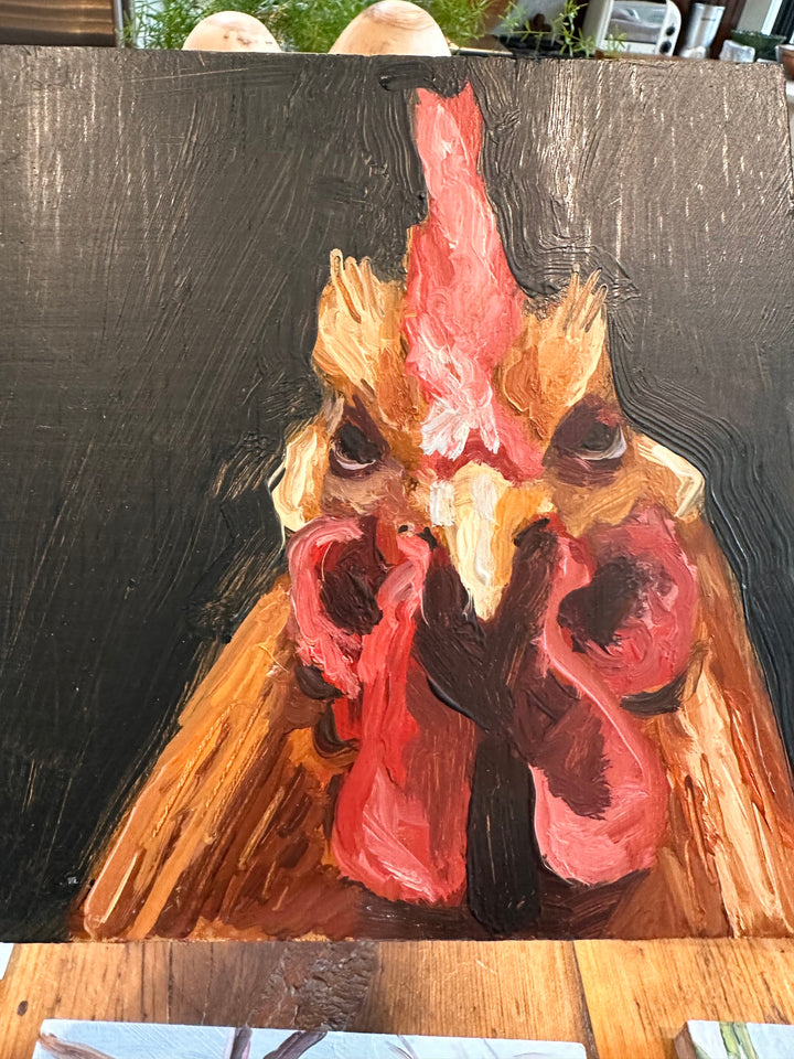 Derek Bell Painting Fred, rooster with dark green background